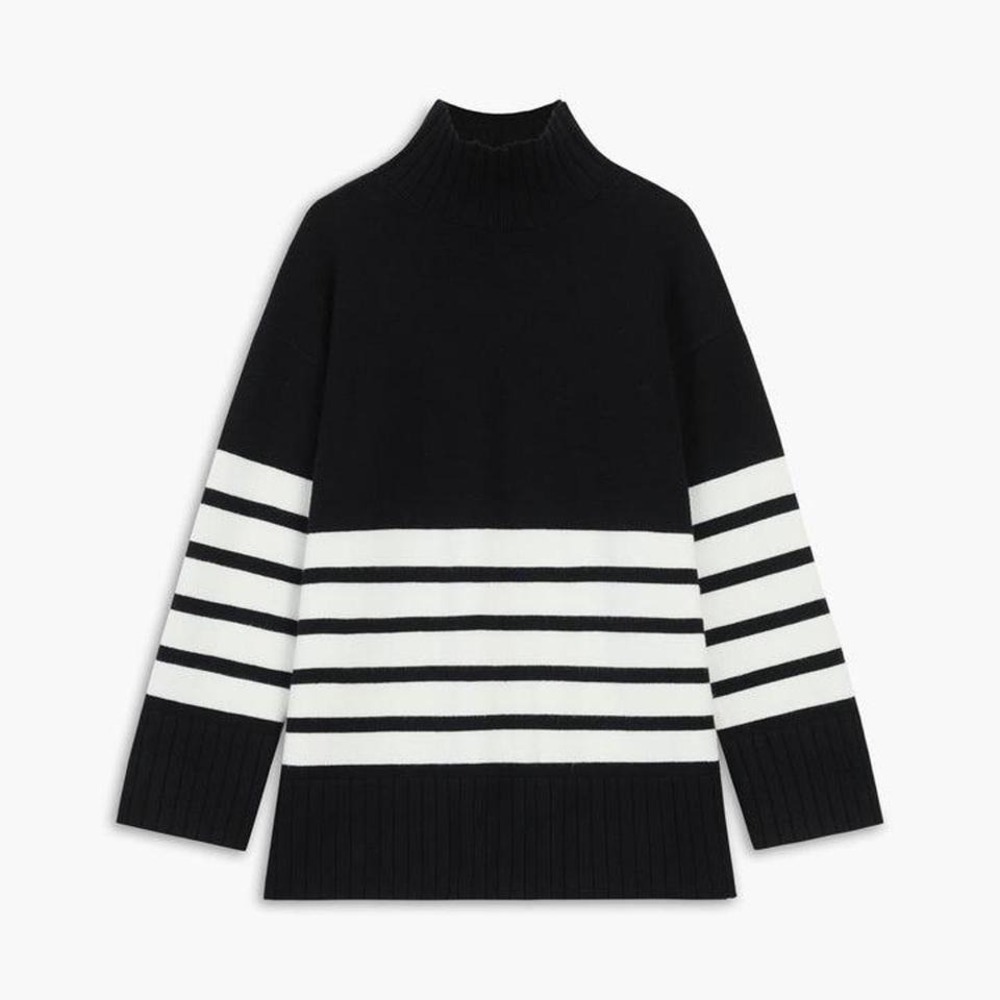 NWT Commense Oversized Cream and Black Miss Paris Mock Neck Stripe Sweater large